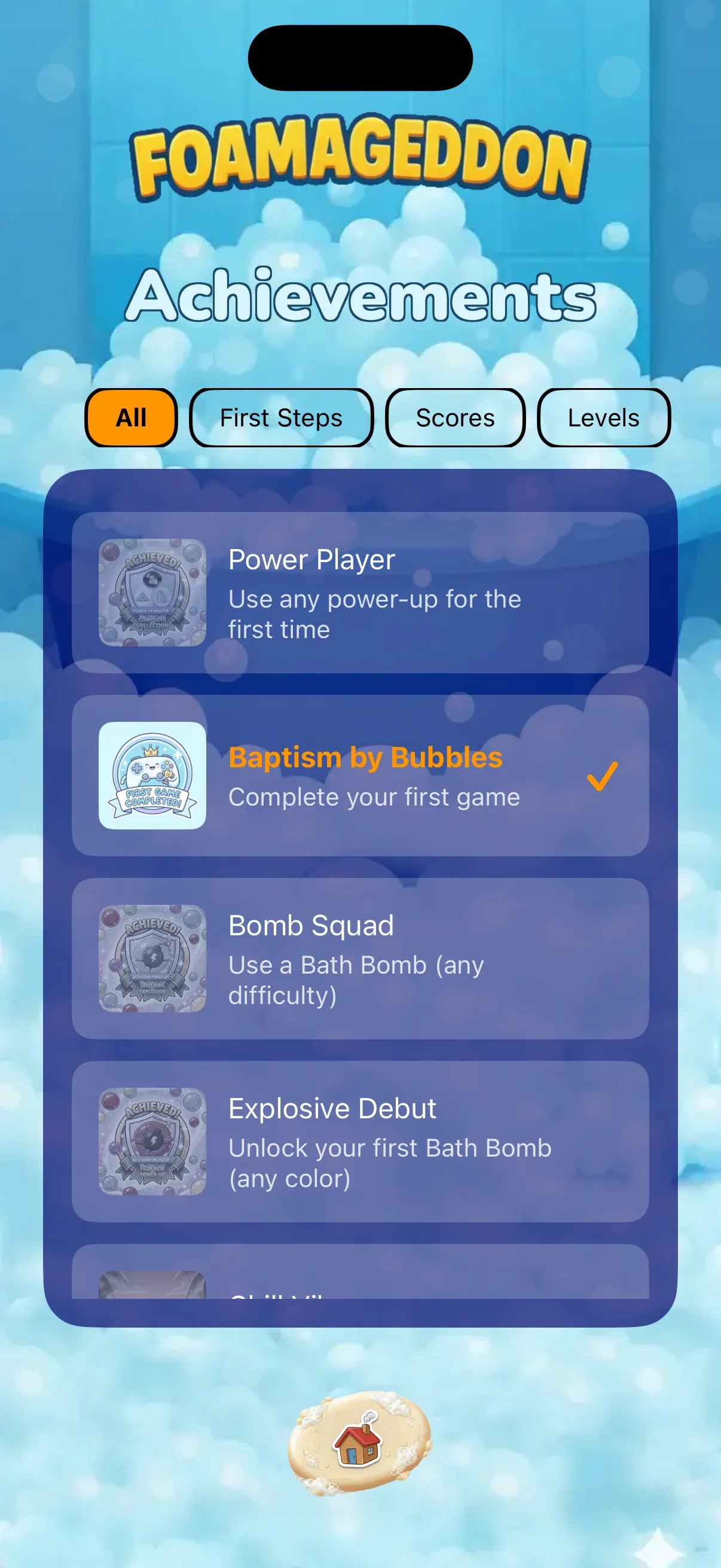 Foamageddon achievements screen showing unlocked badges