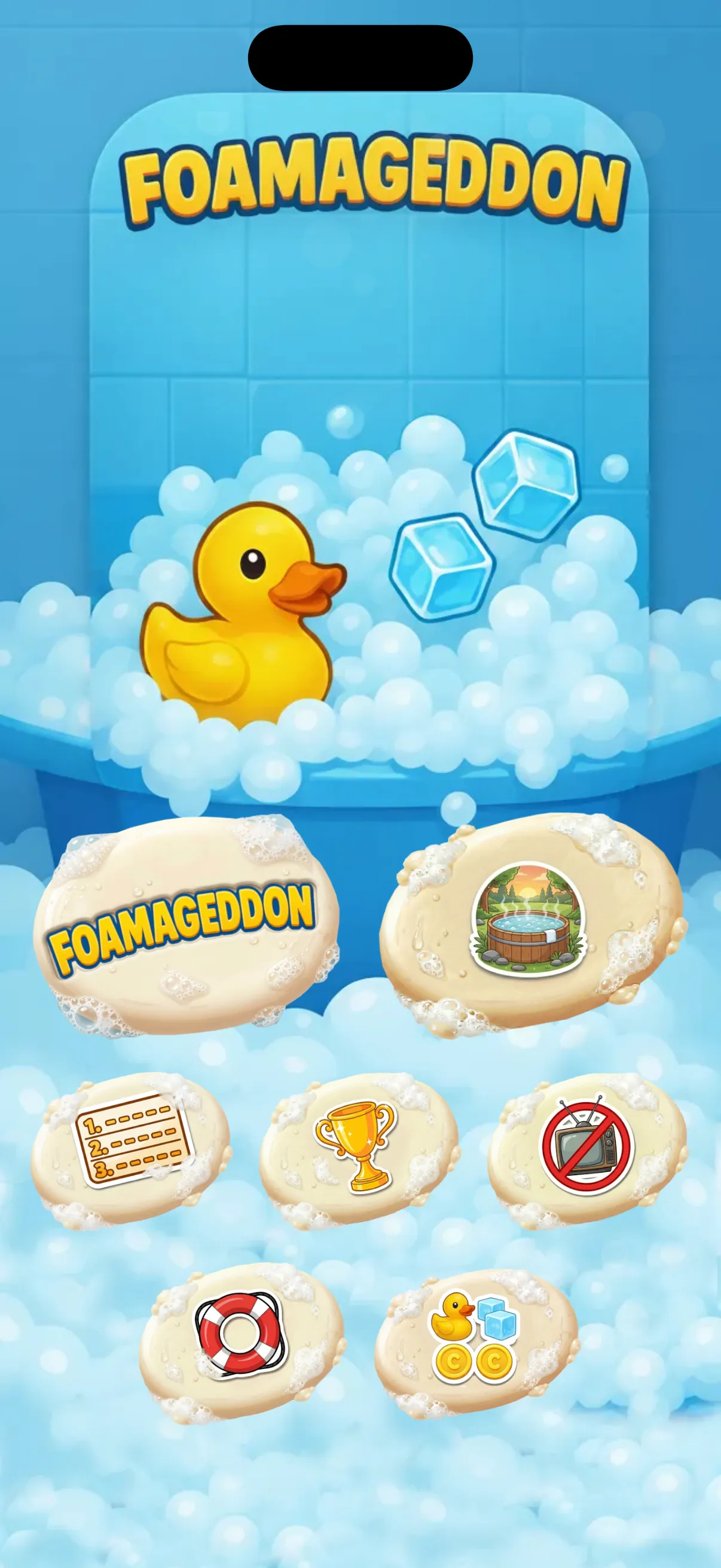 Foamageddon welcome screen with the rubber duck and game title