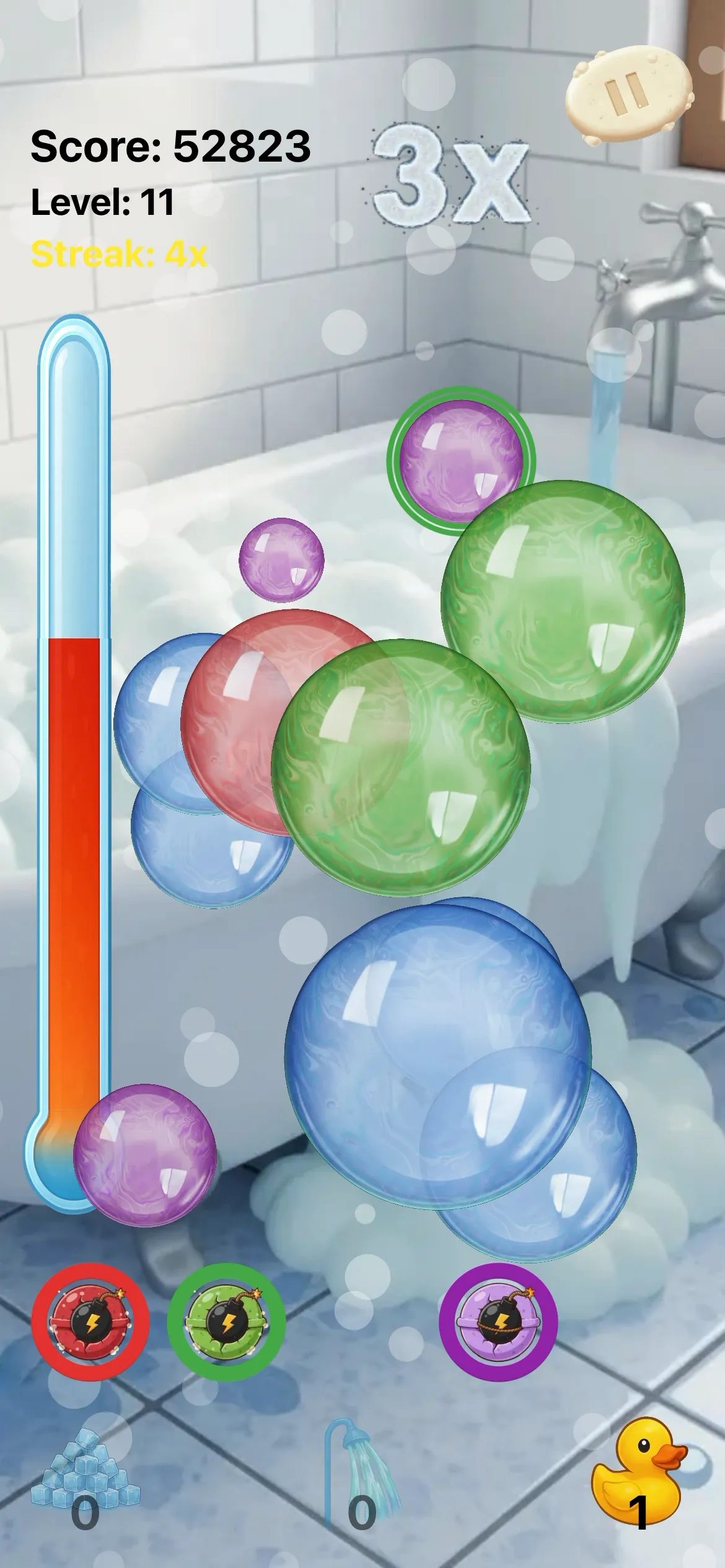 Foamageddon gameplay: colorful bubbles rising from a bathtub, score counter at the top